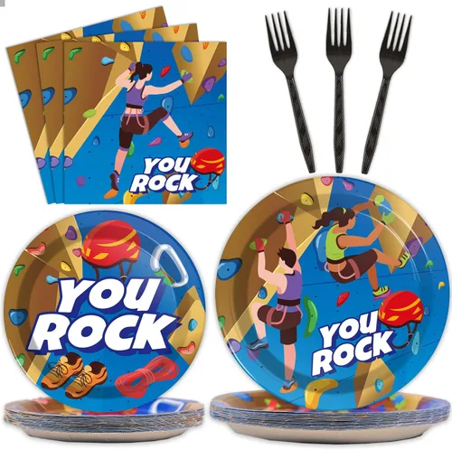 96 piezas de platos y servilletas de fiesta de escalada en roca suministros de vajilla desechable para camping, mesa de cena y postre para fiestas