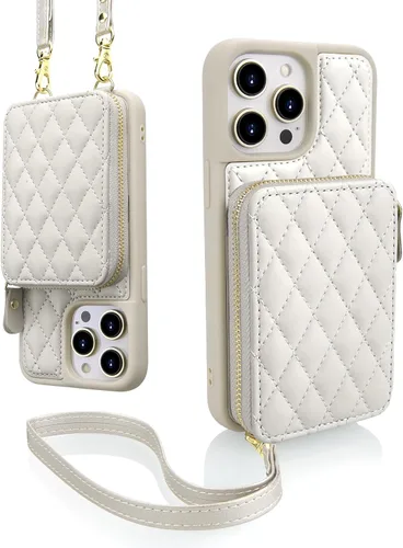 Funda tipo cartera cruzada compatible con iPhone 15 Pro con correa de bloqueo RFID, con cremallera, tarjetero de cuero acolchado para teléfono,