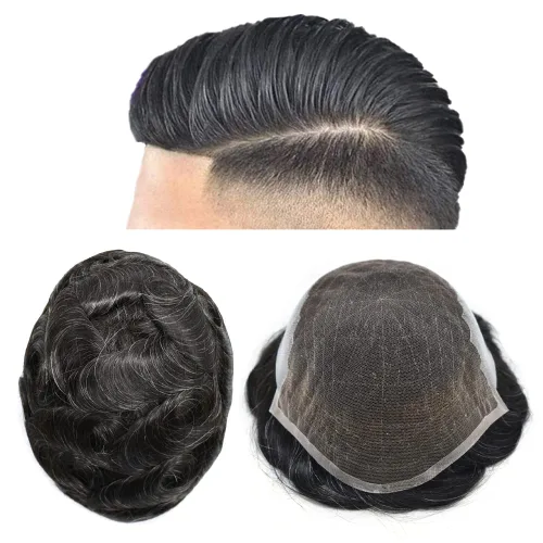 Miniatura 35 de Mens Toupee Swiss Lace Mens Hair Piece Sistema de reemplazo de cabello para hombres Toupee para hombres Cabello humano nudo blanqueado protesis