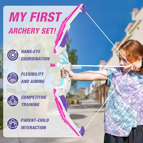 Miniatura 6 de HYES Arco y flecha para niños, juego de tiro con arco con luz LED con 12 flechas de ventosa, 1 objetivo para colgar, 3 objetivos de puntuación y 1