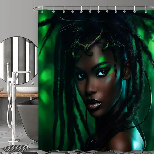 Miniatura 2 de Cortina de ducha para niñas afroamericanas para baño, juego de cortina de ducha bohemia con hojas verdes, tela de selva, decoración de baño moderna