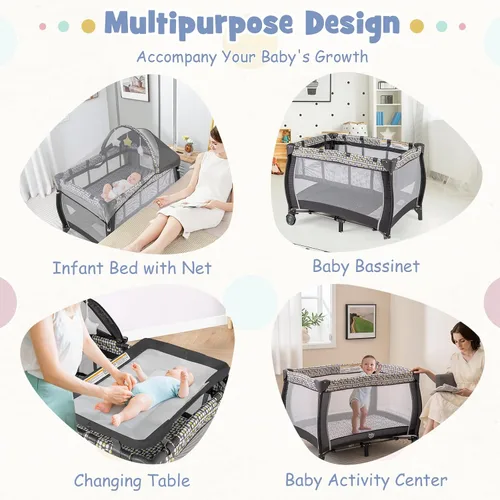 Miniatura 2 de HONEY JOY Pack and Play, centro de guardería plegable 4 en 1 con moisés infantil de tamaño completo y cambiador de pañales, cuna portátil para niños