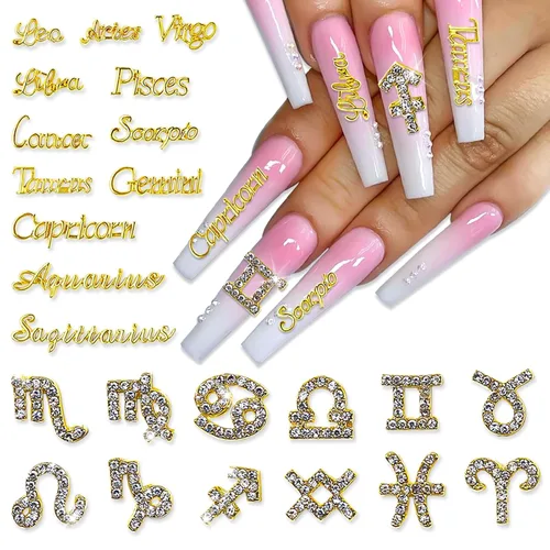 Miniatura 7 de Juego de 48 piezas de dijes de aleación de oro y plata del zodiaco, signos del zodiaco, constelación, palabras para uñas, conjunto de doce 48 dijes