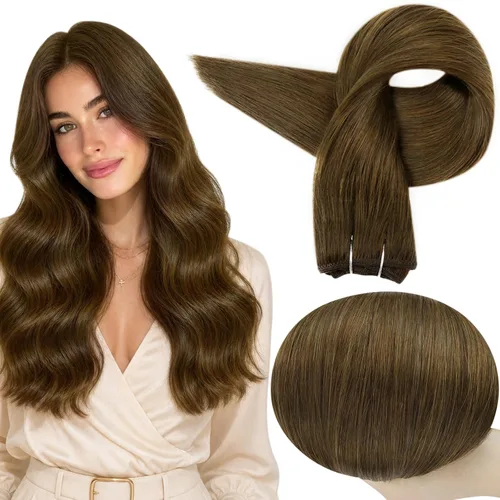Miniatura 23 de Full Shine Extensiones de cabello humano, 18 pulgadas, mechones de trama, color #2 castaño oscuro, 3.5 onzas, cabello Remy para coser, doble trama