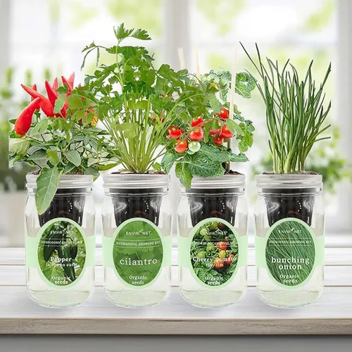 Miniatura 6 de Kit de cultivo de hierbas hidropónicas, tarro de masón de riego automático, kit de inicio de jardín de hierbas para interiores, cultiva 4 tipos