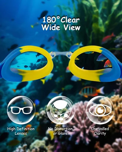Miniatura 4 de Gafas de natación para niños, antivaho y protección UV con gorro de natación para niños de 3 a 15 años Azul y Amarillo