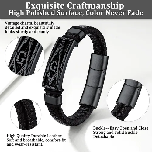 Miniatura 5 de Bestyle Pulseras vikingas trenzadas de cuero genuino para hombres y niños, pulseras vintage de martillo de Thorcalaveramasónico masón con cierre,