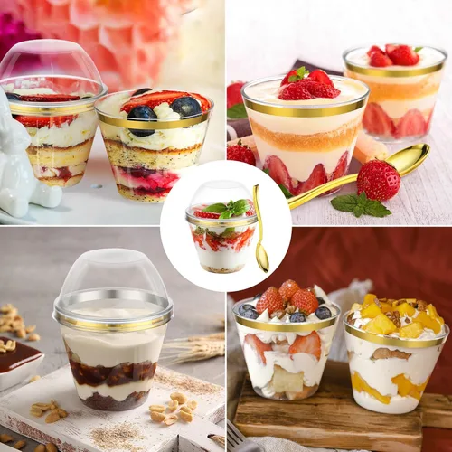 Miniatura 2 de Jinei 50 juegos de tazas de postre de plástico de 9 onzas con tapas de cúpula, cucharas de plástico transparente con borde dorado, vasos de frutas