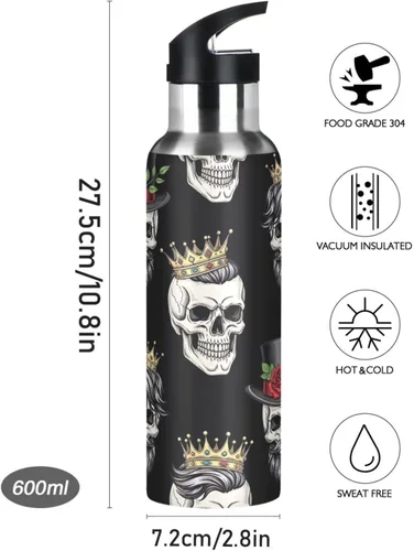 Miniatura 9 de Funny Skulls Black Insulated Stainless Steel Water Bottle with Straw 20 Oz, BPA-Free Sport Water Bottle Insulated Leakproof Water Bottles