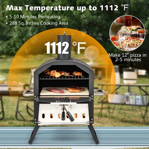 Miniatura 6 de COSTWAY Horno de Pizza de Picnic para Exteriores, Piedra de Fuego de Leña con Pala, Cubierta Impermeable, Patas Plegables, Fabricador de Pizza