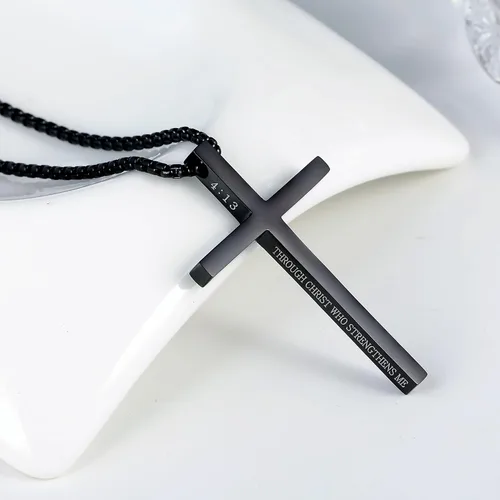 Miniatura 2 de Collar de cruz para hombre, regalo de Navidad, colgante de cruz, versículo bíblico, collares de acero inoxidable