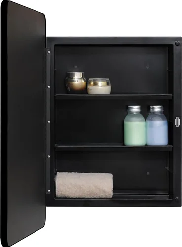 Miniatura 5 de Fundin Gabinete de medicina de plástico negro, puerta de espejo con marco de metal de esquinas redondas, gabinete de medicina de baño empotrado