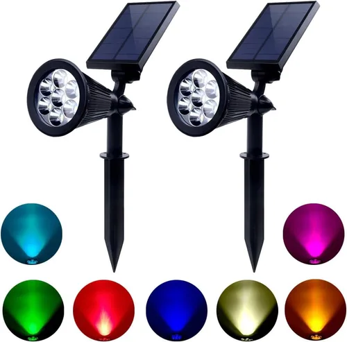 Luces solares de color para exteriores, impermeables, 7 LED que cambian de color, focos solares para patio, jardín, patio, césped, 2 fotos