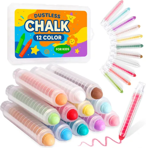 Pizarra de tiza sin polvo para niños, 12 colores, lavable, juego de tizas para acera con caja protectora, sin desorden para dibujar en pizarras,