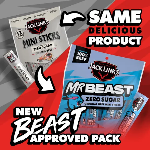 Miniatura 3 de Jack Link’s x MrBeast Mini Palitos de Ternera Sin Azúcar – 6g de Proteína por 2 Palitos de Carne Envueltos Individualmente, Hechos con 100% Ternera