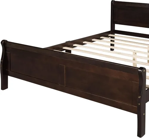 Miniatura 6 de Cama de plataforma de madera maciza tamaño matrimonial con cabecera y estribo de trineo, base de cama de plataforma de madera completa con Espresso