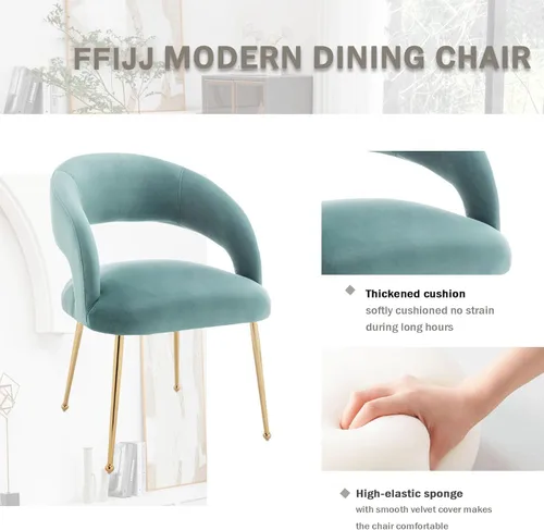 Miniatura 6 de Juego de 2 sillas de comedor modernas, tapizadas de terciopelo con patas doradas y respaldo hueco, reposabrazos copetudos para sala de estar, Verde
