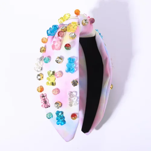 Miniatura 5 de ZITULRY Diadema anudada para mujer, de cristal, osito de gomita, adornado con nudo superior, diadema de moda con turbante ancho, regalos divertidos