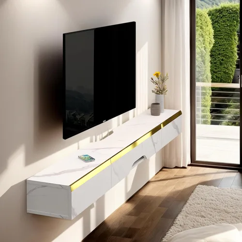 Miniatura 3 de Pmnianhua Estante Flotante de TV con Cajones, Consola de TV Montada en Pared de 59'', Estante de Medios de Entretenimiento con 2 Cajones y 1 Puerta