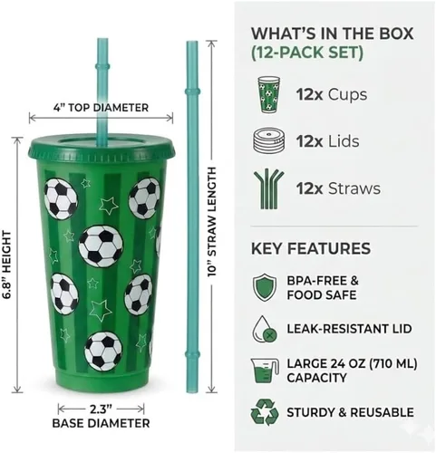 Miniatura 2 de Paquete de 24 copas de fútbol con tapas y pajitas, vasos de plástico reutilizables grandes de 24 onzas para regalos de fiesta de cumpleaños, regalos