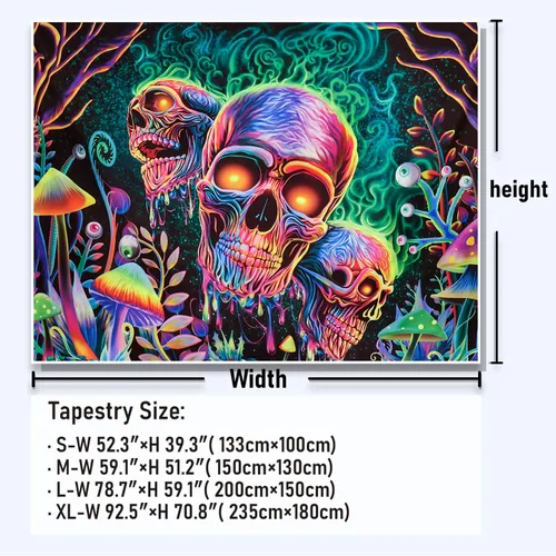 Miniatura 6 de Amonercvita Tapiz de calavera con luz negra, tapiz de pared de esqueleto trippy, reactivo a los rayos UV, plantas de neón, árboles, tapices