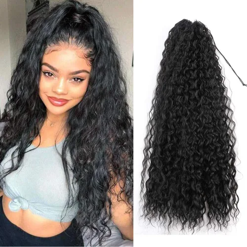 Miniatura 10 de Extensiones de cola de caballo de color marrón oscuro, extensiones de cabello humano real rizado con cordón, extensiones de cabello humano real