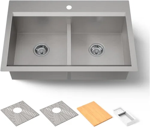 KOHLER 80085-1PC-NA Task™ - Fregadero de cocina con estación de trabajo de doble tazón de 33 pulgadas, incluye accesorios para fregadero de estación