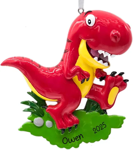 Adorno navideño personalizado de dinosaurio velociraptor T-Rex 2026 – Personalización gratuita | Divertido animal jurásico rojo Dino Trex para árbol