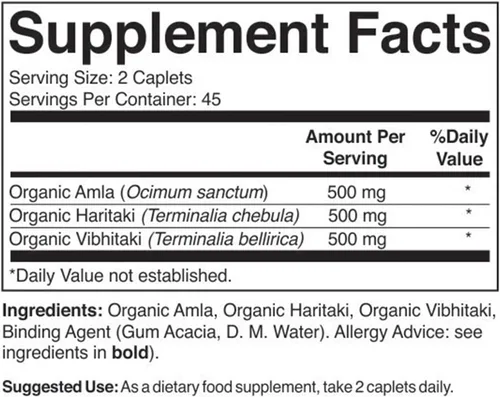 Miniatura 3 de Brieofood Triphala Orgánica 1500mg, 45 Porciones, Vegetariana, Sin Gluten, 90 Tabletas Vegetarianas