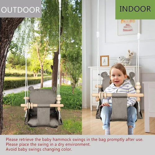 Miniatura 5 de Asiento de columpio colgante para bebé, silla de juguete de lona para niños pequeños con 2 bolsillos laterales para juegos en interiores, deportes