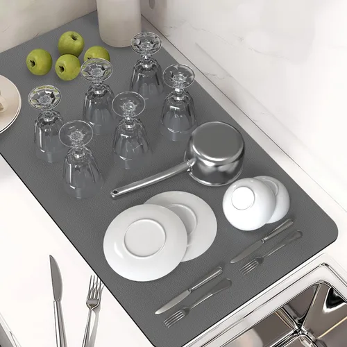 Miniatura 2 de PoYang Tapete de café extragrande de 31.5 x 17 pulgadas, accesorios de barra de café para encimera, tapete absorbente para secado de platos, Gris