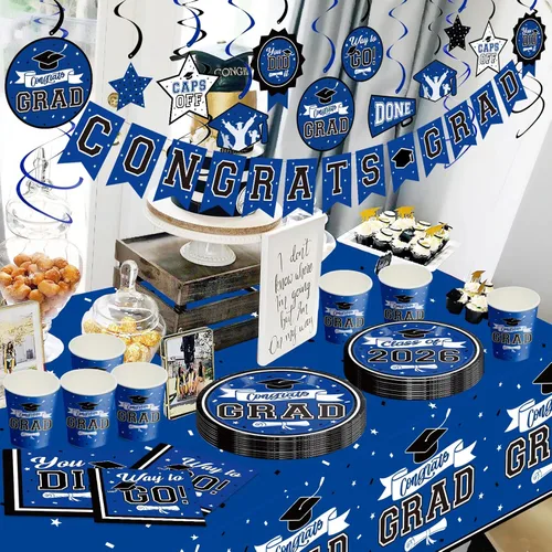 Miniatura 6 de DAZONGE Decoraciones de graduación 2026 azul, 265 piezas de decoraciones de fiesta de graduación 2026, juego de vajilla desechable para 50