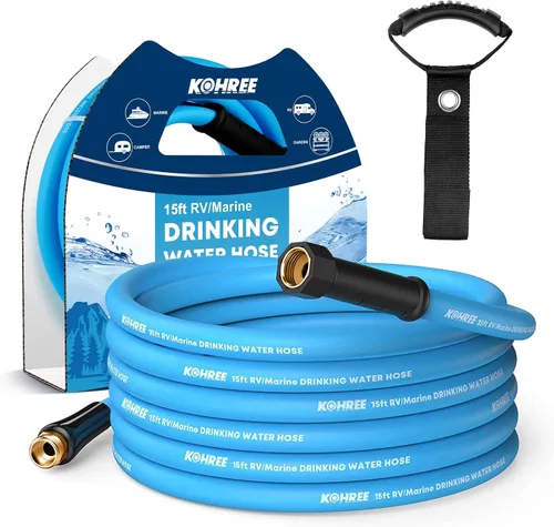 Kohree Manguera de agua para autocaravana de 5/8 pulgadas x 15 pies, manguera de agua potable prémium con diseño sin torceduras, sin fugas, ligera,