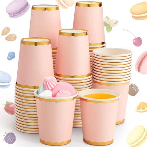 Funtery 100 tazas de papel de color rosa claro de 9 onzas desechables taza de café rosa taza de fiesta para graduación, boda, vacaciones, picnic,