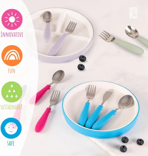 Miniatura 7 de Elk and Friends Cubiertos para niños con mango de silicona Cubiertos seguros para niños Utensilios para niños Juego de cuchara + tenedor +