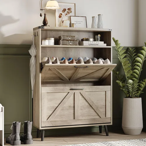 Miniatura 17 de Halitaa - Gabinete para zapatos con 2 cajones abatibles y almacenamiento abierto, gabinete de almacenamiento de zapatos estilo granja para entrada