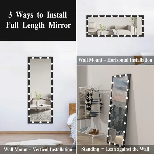 Miniatura 6 de ANYHI Espejo de cuerpo entero con luces, 62.6 x 23.3 pulgadas, espejo LED de cuerpo entero de pie con 22 bombillas regulables, espejo de piso