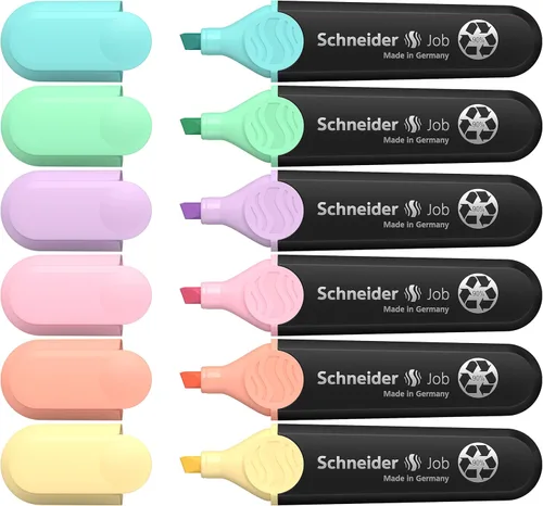 Schneider Job 115097 - Resaltador pastel, punta de cincel, 1 + 0.197 in, barril negro, colores de tinta surtidos, paquete de 6 resaltadores: Colores