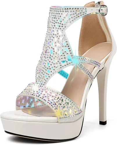 Eldof Sandalias de tacón alto para mujer, sandalias de plataforma con tiras y puntera abierta, tacones de gladiador recortados con piedras de