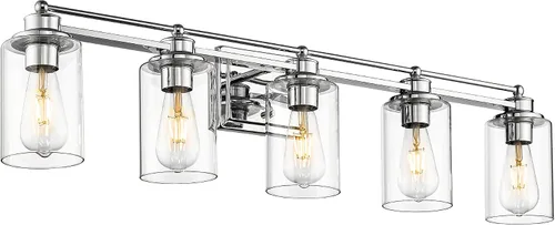 HWH - Lámpara de tocador cromada con 5 luces sobre espejo, lámpara de pared moderna para baño, 37 pulgadas, acabado cromado, 5HLT63B-5W CH