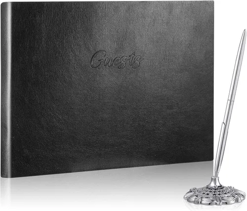 Geyee Juego de libro de invitados de cuero y soporte para bolígrafos, 10.5 x 8 pulgadas, libro de registro de invitados en relieve para funeral,