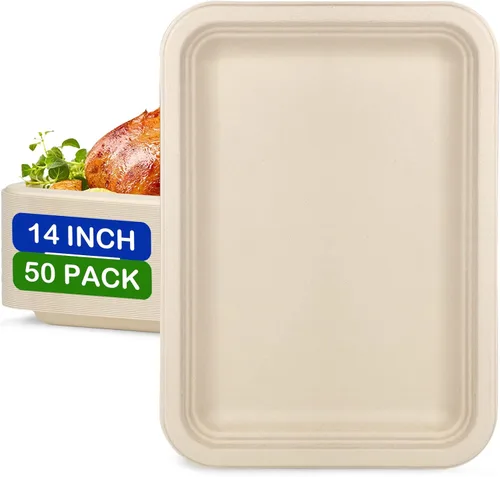 Platos de papel grandes de 14 pulgadas, paquete de 50 bandejas desechables, platos de papel 100% compostables resistentes, platos desechables