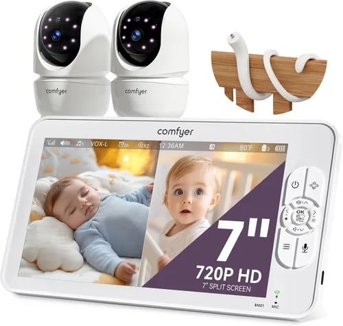 Comfyer BM01 Monitor de bebé con pantalla dividida HD de 7 pulgadas con 2 cámaras 1080P, batería de 48 horas de 6000 mAh funciona 2 días en modo