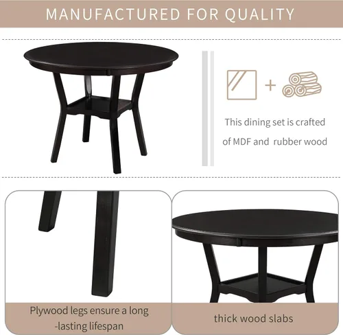 Miniatura 5 de FRANSOUL Juego de 5 mesas redondas de madera con estante inferior, 4 sillas tapizadas para comedor, cocina, comedor, desayuno familiar, color marrón