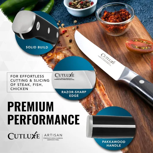 Miniatura 9 de Cutluxe Juego de 4 cuchillos para carne, juego de cuchillos para carne de borde recto, acero alemán forjado de alto carbono, espiga completa, diseño