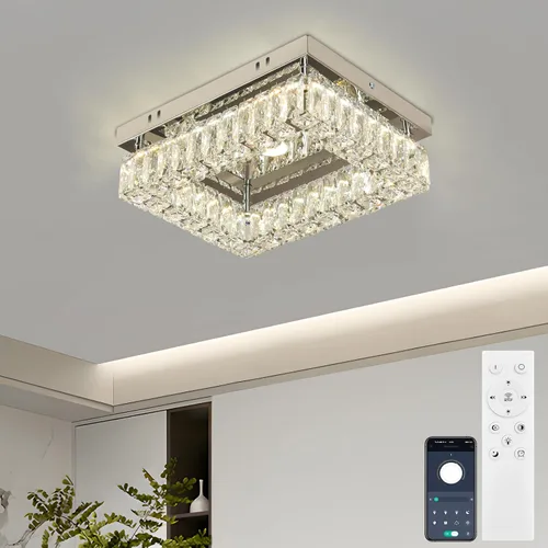 Miniatura 8 de Finktonglan Lámpara LED de techo empotrada de cristal, LED integrado de 24 W, luz blanca fría de 6500 K luz de día, cristal K9 rectangular y acero