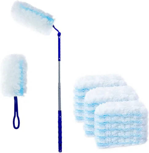 Kit de repuestos de plumero de 360 grados para múltiples superficies (1 mango largo a + 1 mango corto + 12 repuestos de plumero)