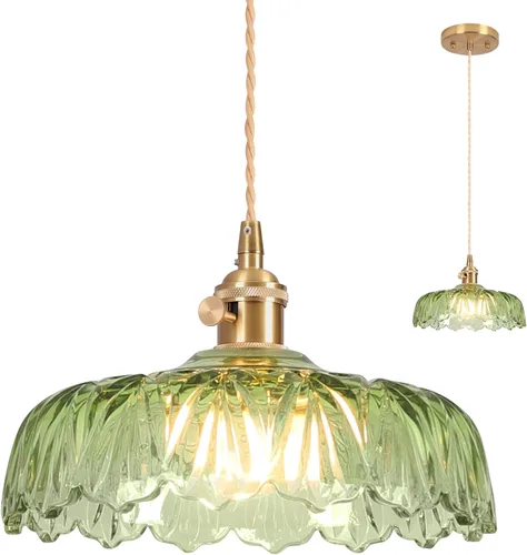 Luces Colgantes para Isla de Cocina, Luz Colgante de Cristal Verde Accesorios de Iluminación Vintage, 9.4 pulgadas E26 Acabado Lámpara Colgante de