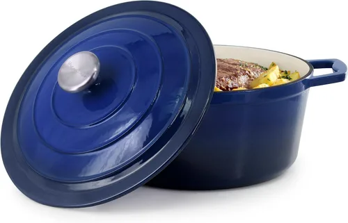 Miniatura 11 de MegaChef Cazuela redonda de hierro fundido esmaltado con tapa, 5 cuartos de galón, azul