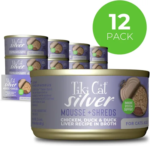 Miniatura 2 de Tiki Cat Silver Comfort Mousse + Trozos, Pollo y Pato e Hígado de Pato, Apoyo del Sistema Inmunológico Formulado para Gatos Mayores de 11+ Años
